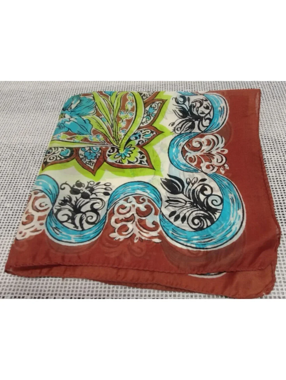 1930s 40s Silk Neck Unisex Scarf Turquoise Brown Neon Jade Green Tulips Paisley